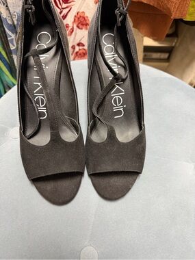 Calvin Klein Black Suede T-Strap Peep-Toe Heels